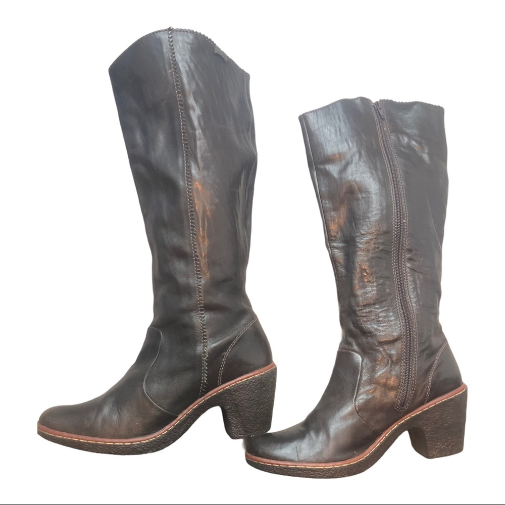 Camper Leather Chunky Heel Dark Brown Tall Boots